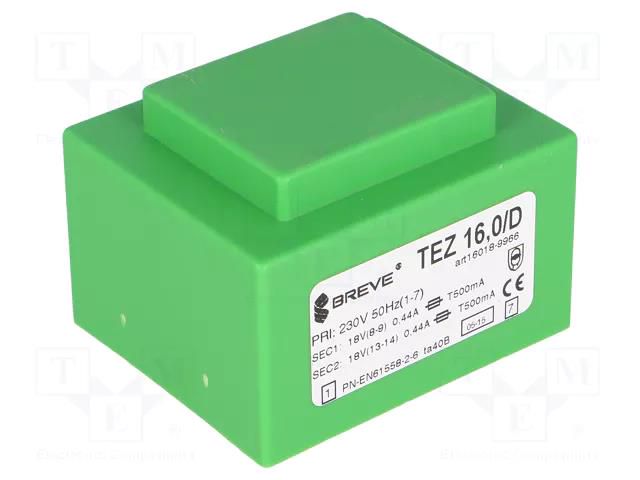Transformer: encapsulated; 16VA; 230VAC; 18V; 18V; 444.4mA; 444.4mA BREVE TUFVASSONS TEZ16/D/18-18V