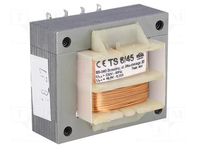 Transformer: mains; 8VA; 230VAC; 18V; 350mA; screw type; IP00 INDEL TS8/45