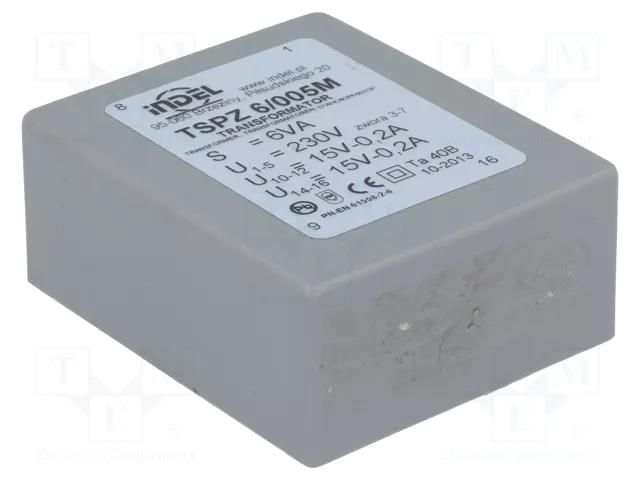 Transformer: encapsulated; 6VA; 230VAC; 15V; 15V; 200mA; 200mA; PCB INDEL TSPZ6/2X15V