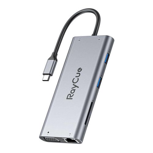 Hub 11w1 RayCue USB-C do 2x USB-A 2.0 480Mbps + 3x USB-A 3.2 5Gbps + SD/TF 3.0 + HDMI 4K30Hz + VGA 1080p + RJ45 + PD 3.0 100W (sary), RayCue HXD-RC21101