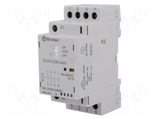 Contactor: 4-pole installation; 25A; 230VAC,230VDC; IP20; W: 35mm FINDER 22.34.0.230.4640