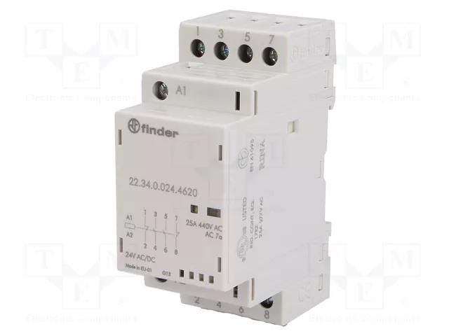 Contactor: 4-pole installation; 25A; 24VAC,24VDC; NC x2 + NO x2 FINDER 22.34.0.024.4620