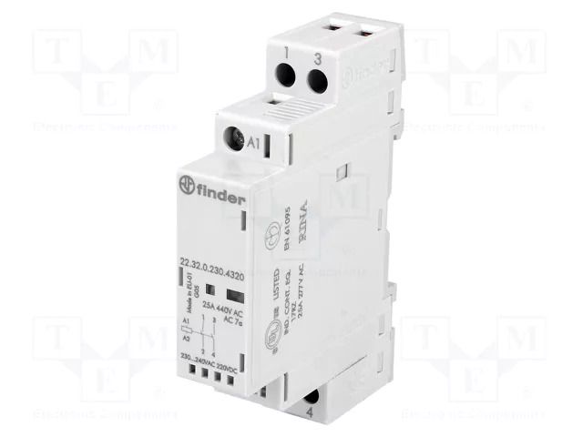 Contactor: 2-pole installation; 25A; 230VAC,230VDC; NO x2; IP20 FINDER 22.32.0.230.4320