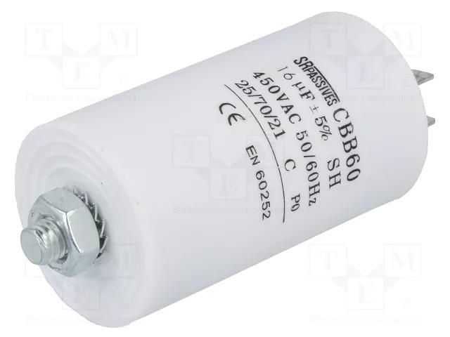 Capacitor: polypropylene; motors, run; 16uF; 450V; Ø40x70mm; ±5% SR PASSIVES CBB60E-16/450