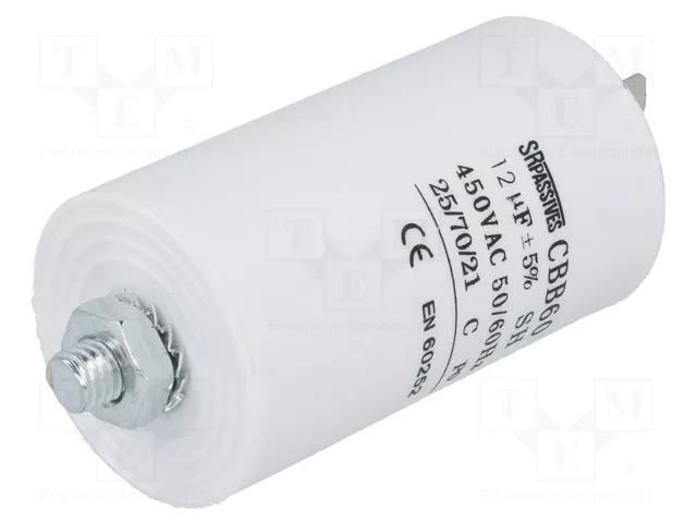 Capacitor: polypropylene; motors, run; 12uF; 450V; Ø40x70mm; ±5% SR PASSIVES CBB60E-12/450