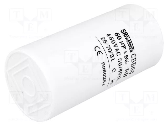 Capacitor: polypropylene; motors, run; 60uF; 450V; Ø50x106mm; ±5% SR PASSIVES CBB60A-60/450