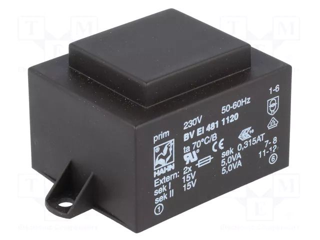 Transformer: encapsulated; 10VA; 230VAC; 15V; 15V; 333mA; 333mA; PCB HAHN BVEI4811120