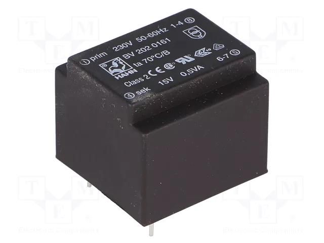 Transformer: encapsulated; 0.5VA; 230VAC; 15V; 33mA; PCB; BV HAHN BV2020161