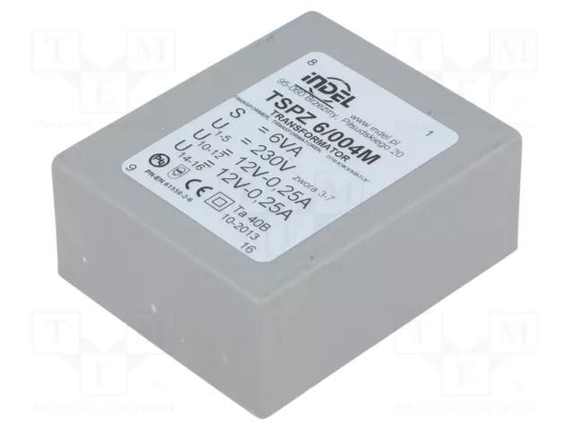 Transformer: encapsulated; 6VA; 230VAC; 12V; 12V; 250mA; 250mA; PCB INDEL TSPZ6/2X12V