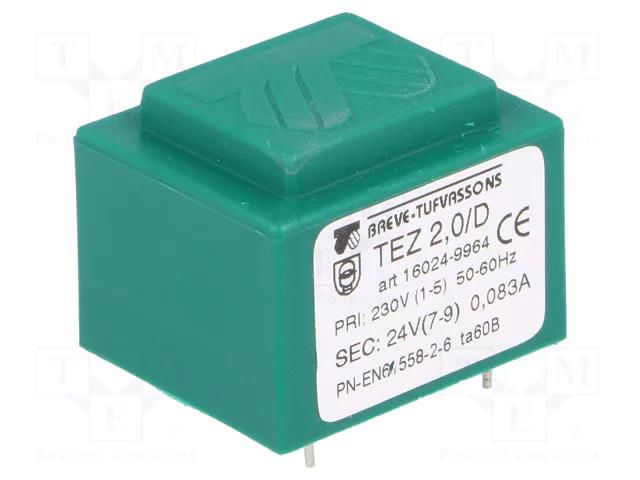 Transformer: encapsulated; 2VA; 230VAC; 24V; 83.3mA; PCB; IP00; TEZ BREVE TUFVASSONS TEZ2/D/24V