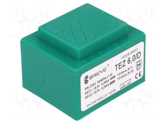 Transformer: encapsulated; 6VA; 230VAC; 10.5V; 10.5V; 285.7mA; PCB BREVE TUFVASSONS TEZ6/D/10.5-10.5V