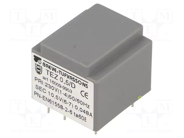Transformer: encapsulated; 0.5VA; 230VAC; 10.5V; 47.6mA; PCB; IP00 BREVE TUFVASSONS TEZ0.5/D/10.5V