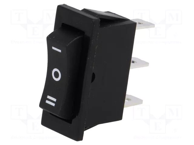 ROCKER; SP3T; Pos: 3; (ON)-OFF-(ON); 10A/250VAC; black; none; 50mΩ SCI RS1391IBB7