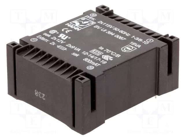 Transformer: encapsulated; 18VA; 115VACx2; 12V; 12V; 750mA; 750mA HAHN BVUI3940087