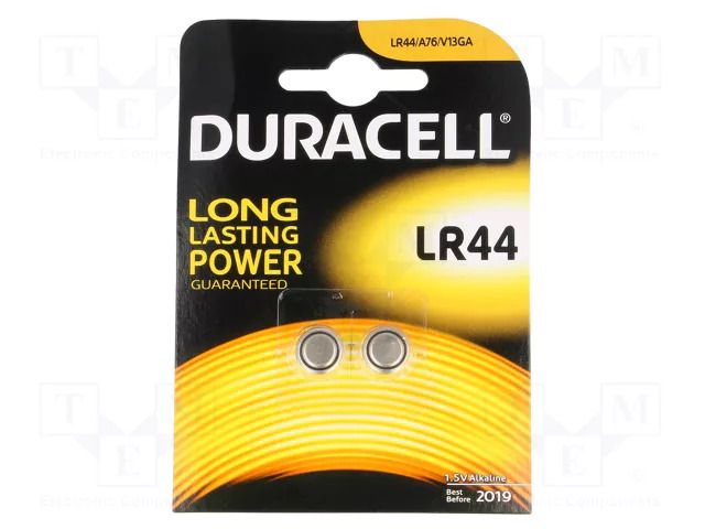 Battery: alkaline; LR44,coin,R1154; 1.5V; 150mAh; Ø11.6x5mm; 2pcs. DURACELL BAT-LR44/DR-B2