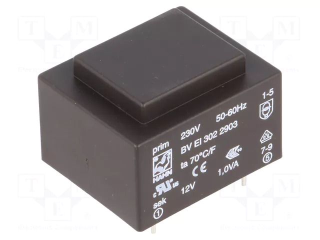 Transformer: encapsulated; 1VA; 230VAC; 12V; 83mA; PCB; BVEI HAHN BVEI3022903