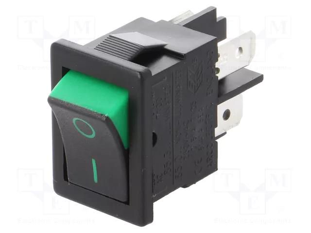 ROCKER; DPST; Pos: 2; ON-OFF; 10A/250VAC; black-green; none; 8500 BULGIN AE-H8550XBAAC