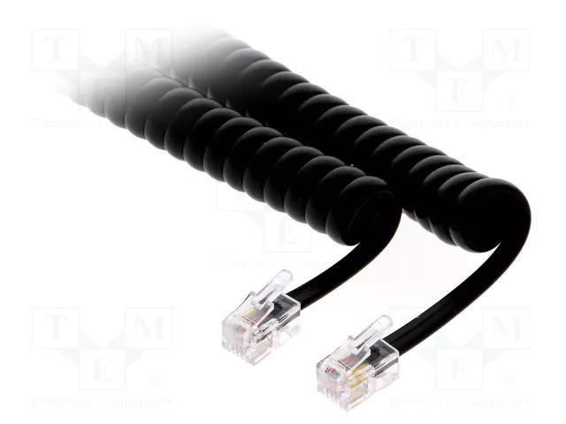 Cable: telephone; coiled,interlaced; RJ9 plug,both sides; black BQ CABLE TEL-4C-07T-BK