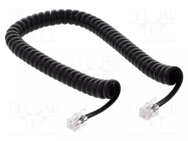Cable: telephone; coiled,interlaced; RJ9 plug,both sides; black BQ CABLE TEL-4C-02T-BK