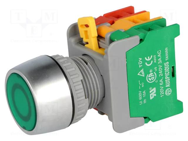 Switch: push-button; 22mm; Stabl.pos: 2; NC + NO; green; 3A/230VAC AUSPICIOUS PFL22-1-O/C-G
