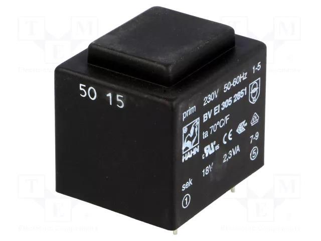 Transformer: encapsulated; 2.3VA; 230VAC; 18V; 128mA; PCB; BVEI HAHN BVEI3052851
