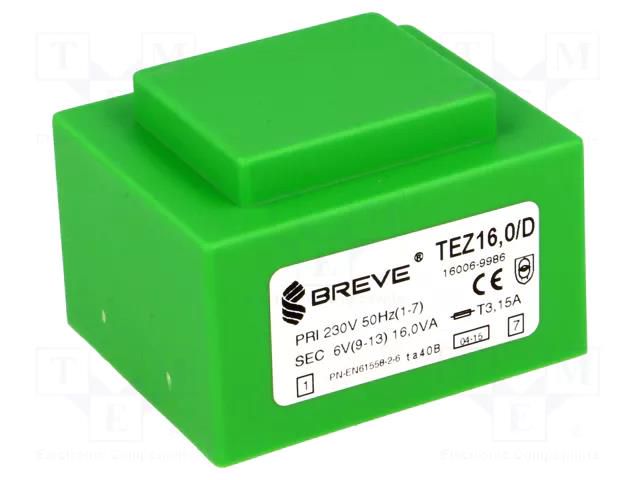 Transformer: encapsulated; 16VA; 230VAC; 6V; 2666.6mA; PCB; IP00 BREVE TUFVASSONS TEZ16/D/6V