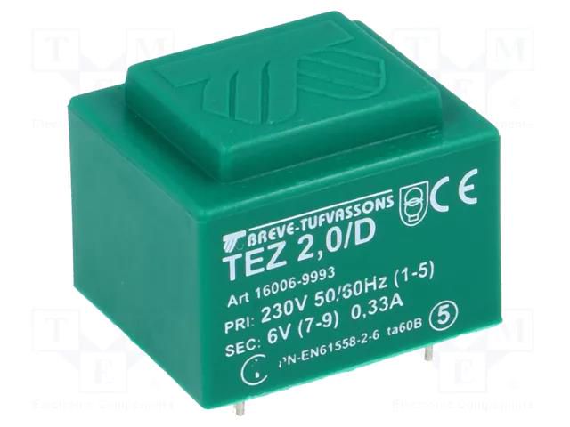 Transformer: encapsulated; 2VA; 230VAC; 6V; 333.3mA; PCB; IP00; TEZ BREVE TUFVASSONS TEZ2/D/6V