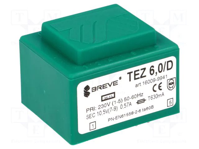 Transformer: encapsulated; 6VA; 230VAC; 10.5V; 571.4mA; PCB; IP00 BREVE TUFVASSONS TEZ6/D/10.5V