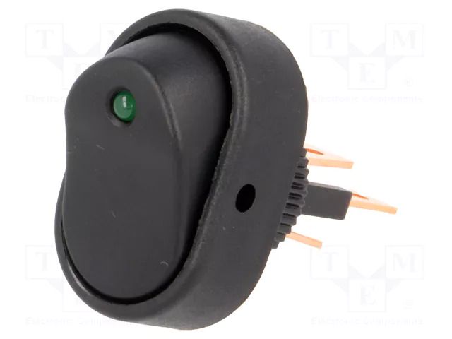 ROCKER; SPST; Pos: 2; ON-OFF; 15A/24VDC; black; LED; R13-133-DC; oval SCI R13133L01BBGL2
