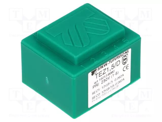 Transformer: encapsulated; 1.5VA; 230VAC; 12V; 12V; 62.5mA; 62.5mA BREVE TUFVASSONS TEZ1.5/D/12-12V