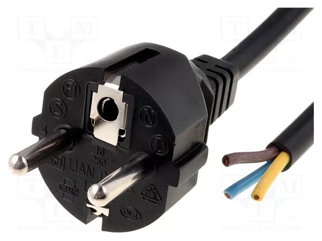 Cable; 3x1mm2; CEE 7/7 (E/F) plug,wires; PVC; 3m; black; 10A; 250V LIAN DUNG S2-3/10/3BK