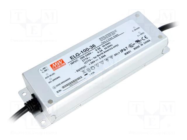 Power supply: switching; LED; 95.76W; 36VDC; 2.66A; 180÷295VAC MEAN WELL ELG-100-36
