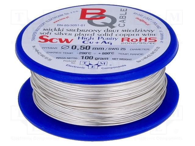 Silver plated copper wires; 0.4mm; 100g; Cu,silver plated; 88m BQ CABLE SCW-0.40/100