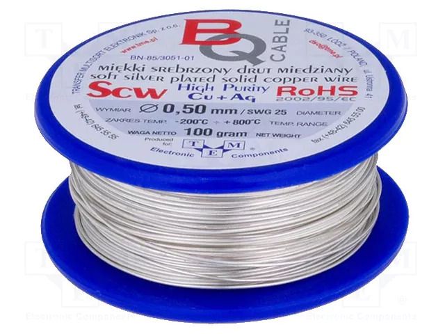Silver plated copper wires; 0.4mm; 100g; Cu,silver plated; 88m BQ CABLE SCW-0.40/100