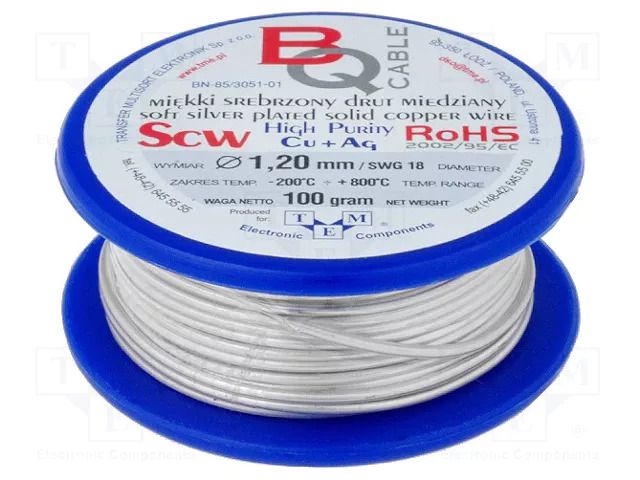 Silver plated copper wires; 1.2mm; 100g; Cu,silver plated; 9.5m BQ CABLE SCW-1.20/100