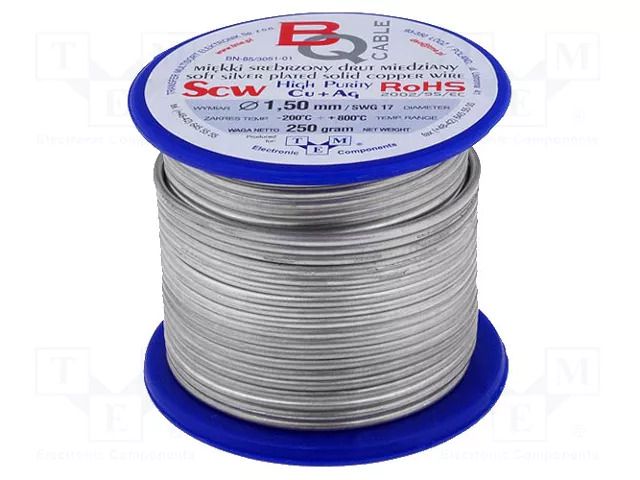 Silver plated copper wires; 1.5mm; 250g; Cu,silver plated; 15m BQ CABLE SCW-1.50/250