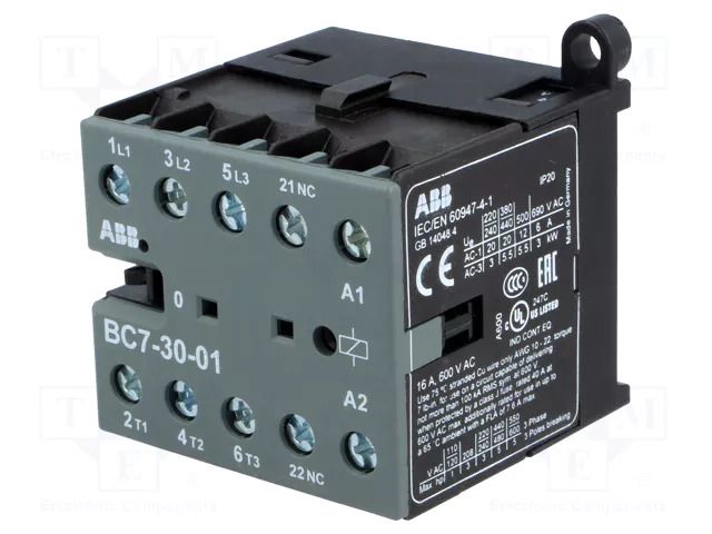 Contactor: 3-pole; NO x3; Auxiliary contacts: NC; 12VDC; 7A; BC7 ABB BC7-30-01-07