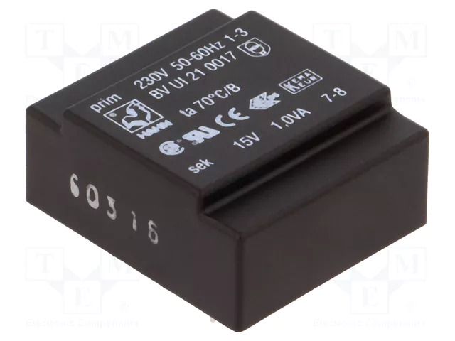 Transformer: encapsulated; 1VA; 230VAC; 15V; 67mA; PCB; BVUI HAHN BVUI210017