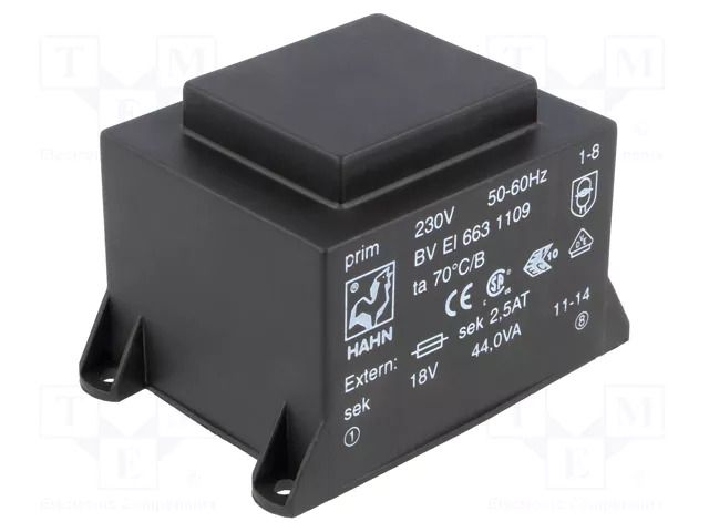 Transformer: encapsulated; 44VA; 230VAC; 18V; 2444mA; PCB; BVEI HAHN BVEI6631109