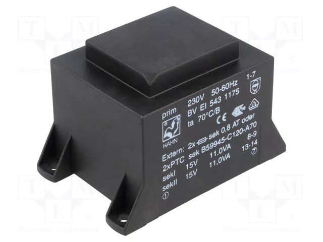 Transformer: encapsulated; 22VA; 230VAC; 15V; 15V; 734mA; 734mA; PCB HAHN BVEI5431175