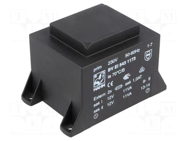 Transformer: encapsulated; 22VA; 230VAC; 12V; 12V; 917mA; 917mA; PCB HAHN BVEI5431173