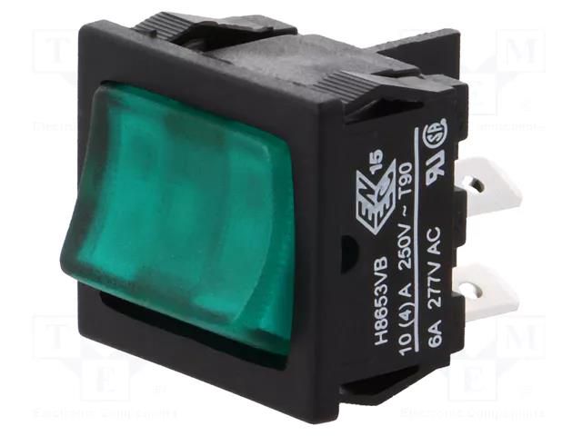 ROCKER; DPST; Pos: 2; ON-OFF; 10A/250VAC; 10A/28VDC; green; 8650 BULGIN AE-H8653VBNAD