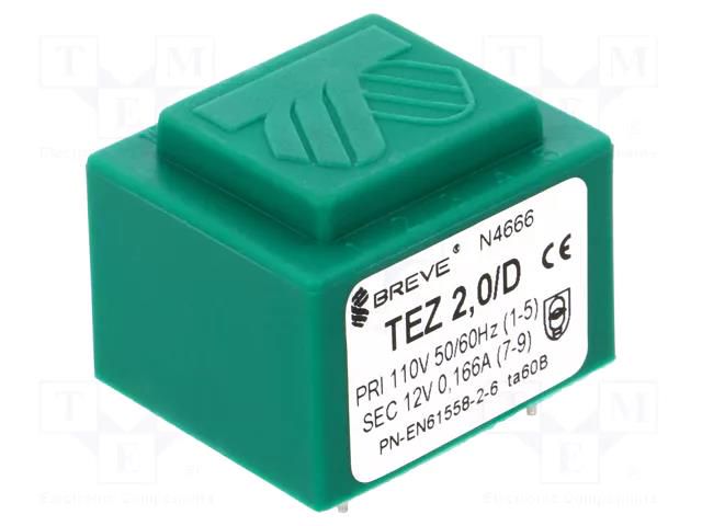 Transformer: encapsulated; 2VA; 110VAC; 12V; PCB; IP00; A: 28mm BREVE TUFVASSONS TEZ2/D110/12V