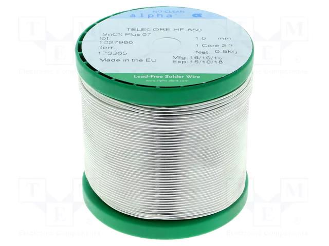 Tin; lead free; Sn99,3Cu0,7; 1mm; 0.5kg; reel; 227÷229°C; 2.2% ALPHA HF850SNCX07-10/05