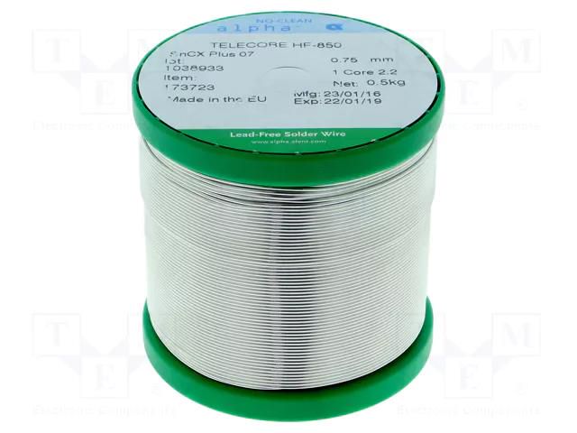 Tin; lead free; Sn99,3Cu0,7; 0.75mm; 0.5kg; reel; 227÷229°C; 2.2% ALPHA HF850SNCX07-075/05