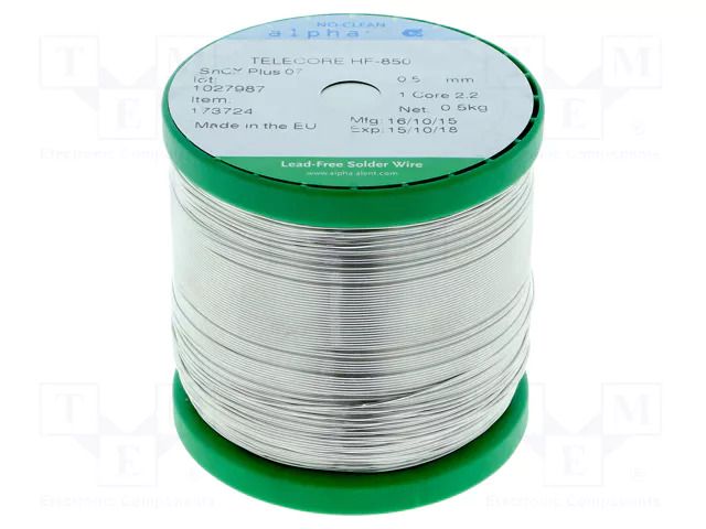 Tin; lead free; Sn99,3Cu0,7; 0.5mm; 0.5kg; reel; 227÷229°C; 2.2% ALPHA HF850SNCX07-05/05