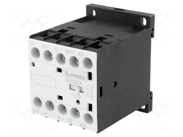 Contactor: 3-pole; NO x3; Auxiliary contacts: NC; 230VAC; 12A; BG LOVATO ELECTRIC 11BG1201A230