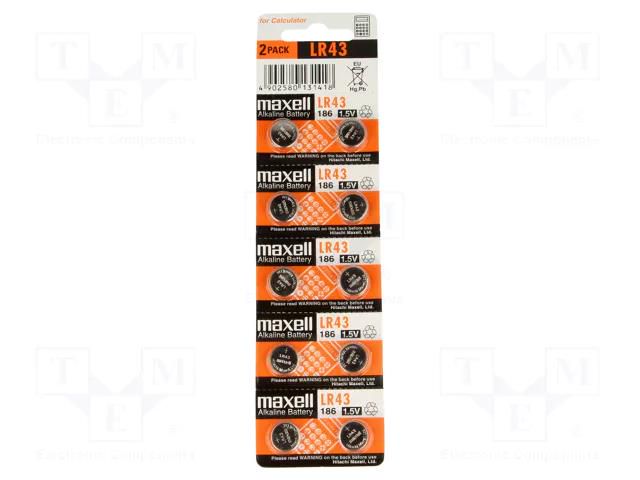 Battery: alkaline; LR43,coin,R1142; 1.5V; 70mAh; non-rechargeable MAXELL BAT-LR43/MX-B10
