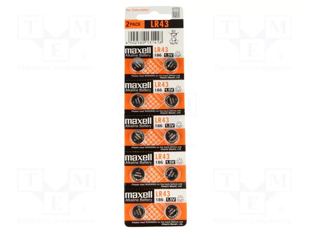 Battery: alkaline; LR43,coin,R1142; 1.5V; 70mAh; non-rechargeable MAXELL BAT-LR43/MX-B10