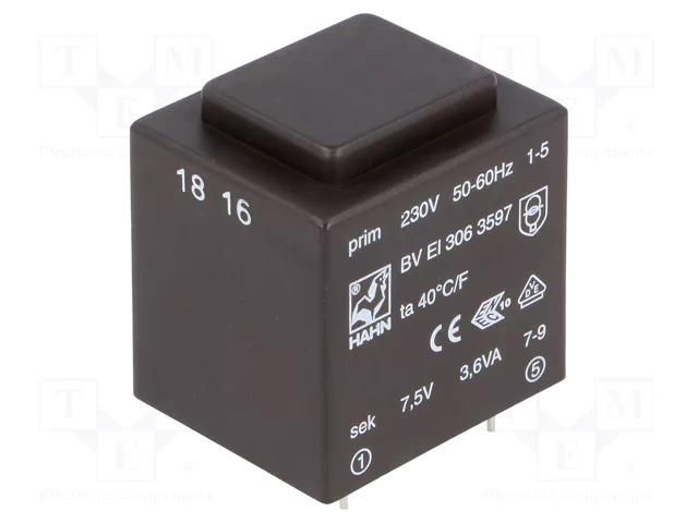 Transformer: encapsulated; 3.6VA; 230VAC; 7.5V; 480mA; PCB; BVEI HAHN BVEI3063597